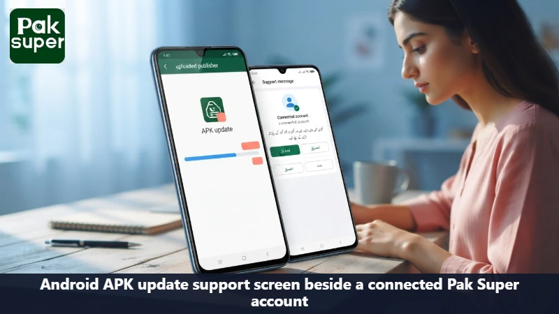 Android APK update support screen beside a connected Pak Super account