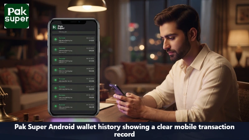 Pak Super Android wallet history showing a clear mobile transaction record