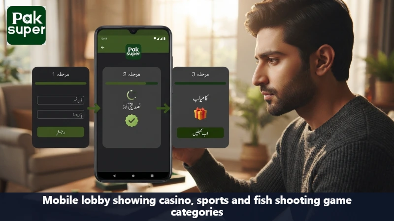 Mobile lobby showing casino, sports and fish shooting game categories