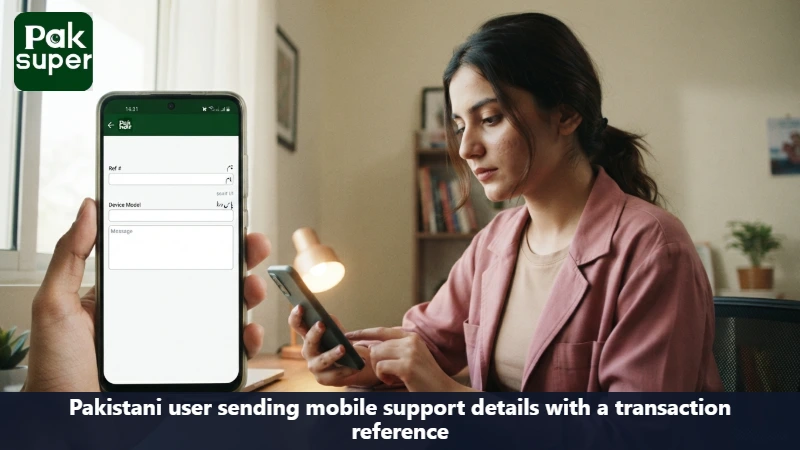 Pakistani user sending mobile support details with a transaction reference