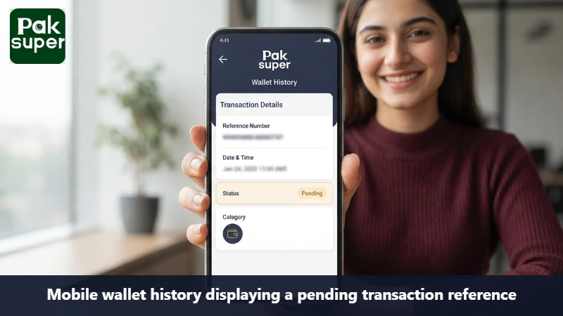 Mobile wallet history displaying a pending transaction reference